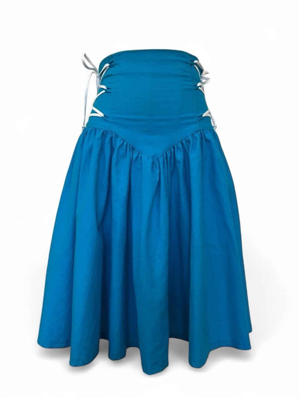 Vintage 80s Teal Corset Lace-Up Skirt Boho Prairie Cottagecore Full Midi Sz S